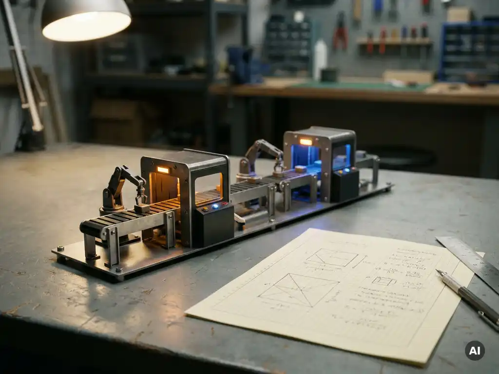 Miniaturmodell einer Fertigungslinie neben einem Berechnungsblatt auf grauem Industrietisch, beleuchtet mit warmem Studiolicht.
