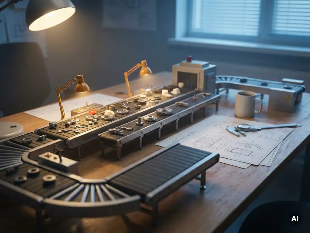 Maßstabsgetreues Produktionslinienmodell mit Förderbändern und Miniaturbauteilen auf einem Ingenieursschreibtisch mit technischen Zeichnungen.