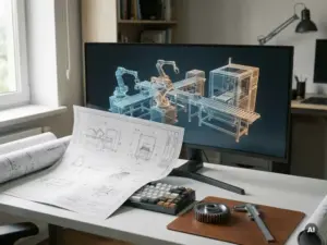 3D-Simulationsmodell einer industriellen Produktionslinie auf Monitor, transparente Drahtgitter-Maschinerie über Ingenieurblaupausen auf weißem Schreibtisch.