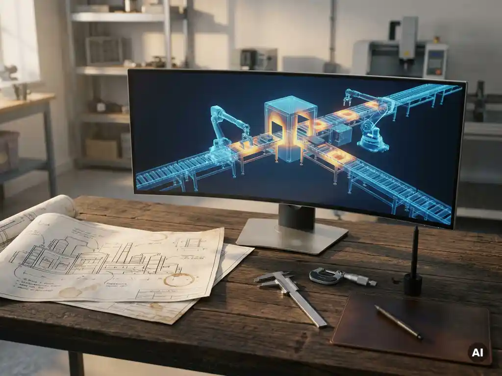 Ingenieur-Workstation mit leuchtendem 3D-Simulationsmodell einer Produktionslinie neben technischen Zeichnungen, Präzisionswerkzeug und digitalem Stylus.