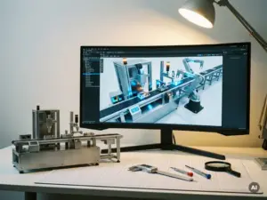 3D-Simulationsrendering einer Produktionslinie auf einem Monitor neben einem Miniaturmodell, beleuchtet von einer Schreibtischlampe in einem Ingenieurbüro.