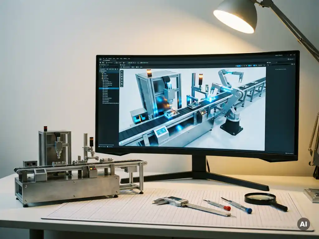 3D-Simulationsrendering einer Produktionslinie auf einem Monitor neben einem Miniaturmodell, beleuchtet von einer Schreibtischlampe in einem Ingenieurbüro.