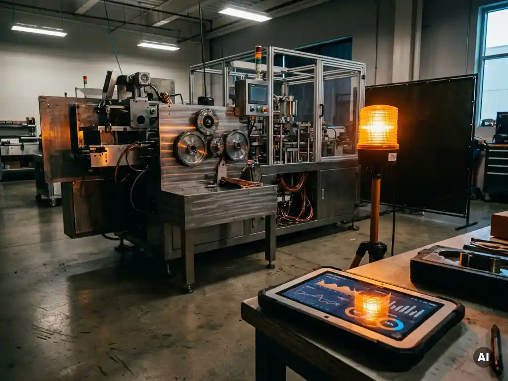 Teilweise demontierte Fabrikmaschine auf Industrieboden, beleuchtet von bernsteinfarbenem Warnlicht, daneben Tablet mit Simulationsdaten.
